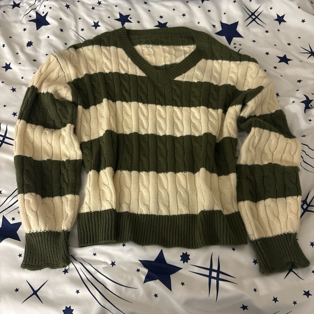 Olive and Cream Cable Knit V-Neck Sweater